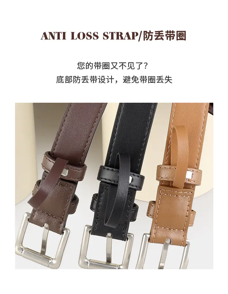 Women's Black Leather Belt with Silver Pin Buckle — feature 7