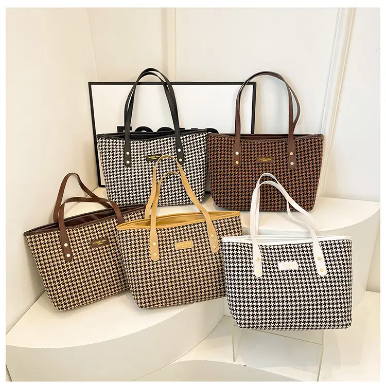 Women Houndstooth Canvas Tote Bag Large Capacity White - Image 7