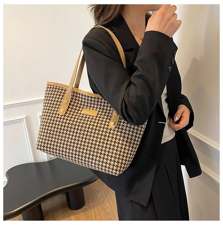 Women Houndstooth Canvas Tote Bag Large Capacity White - Image 8