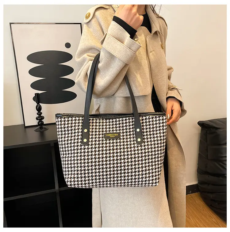 Women Houndstooth Canvas Tote Bag Large Capacity White - Image 9