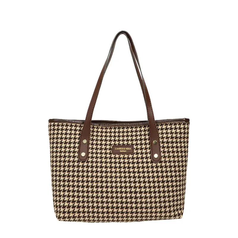 Women Houndstooth Canvas Tote Bag Large Capacity White - Image 10