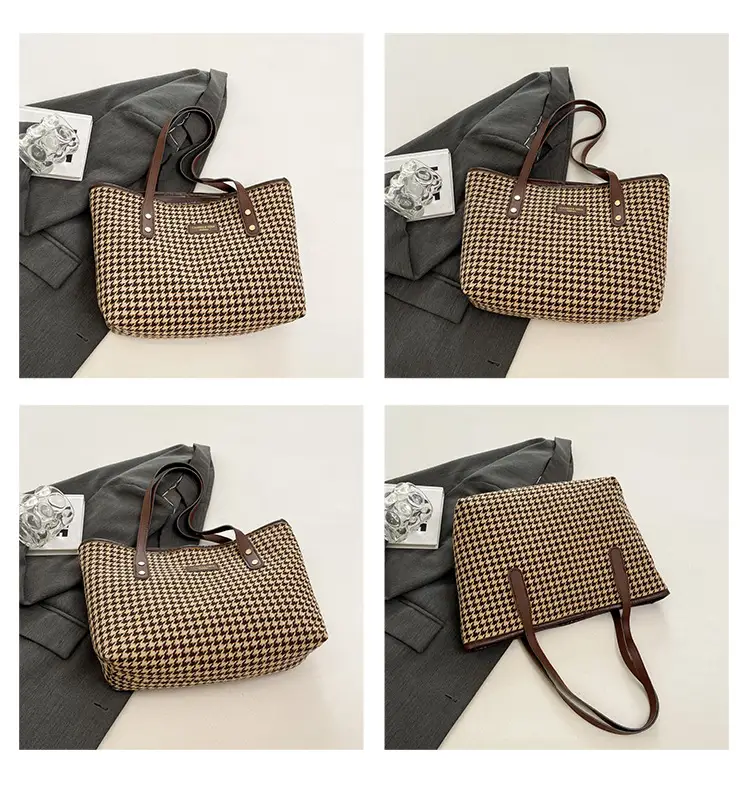 Women Houndstooth Canvas Tote Bag Large Capacity White — feature 13
