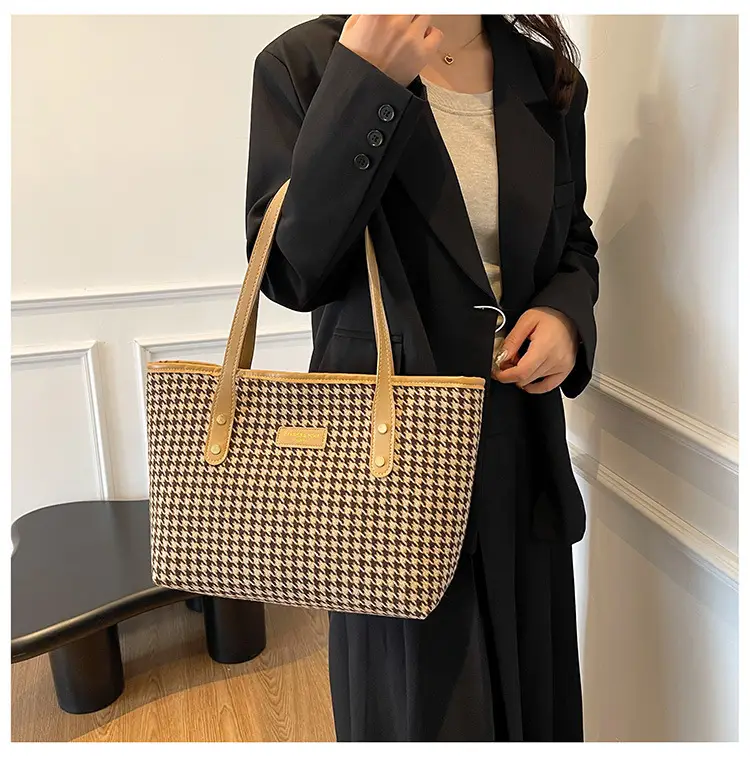 Women Houndstooth Canvas Tote Bag Large Capacity White — feature 14