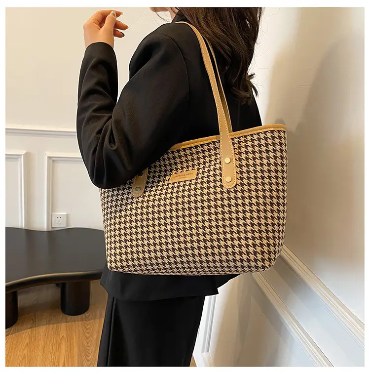 Women Houndstooth Canvas Tote Bag Large Capacity White — feature 16