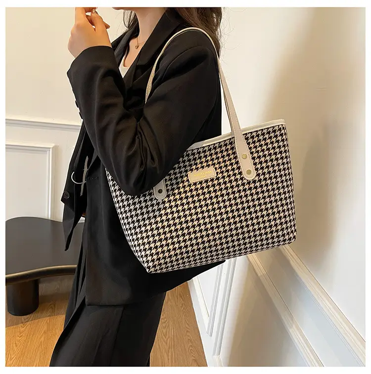 Women Houndstooth Canvas Tote Bag Large Capacity White — feature 17