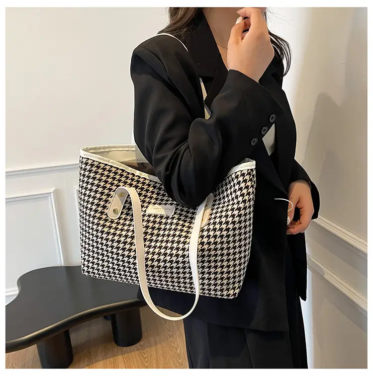 Women Houndstooth Canvas Tote Bag Large Capacity White — feature 18