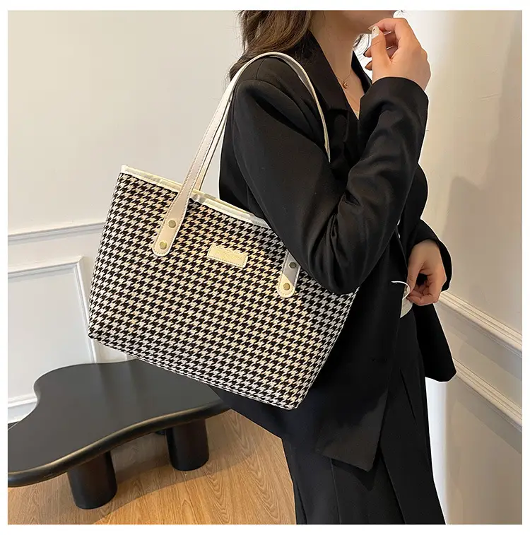 Women Houndstooth Canvas Tote Bag Large Capacity White — feature 19
