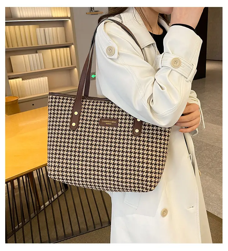Women Houndstooth Canvas Tote Bag Large Capacity White — feature 2