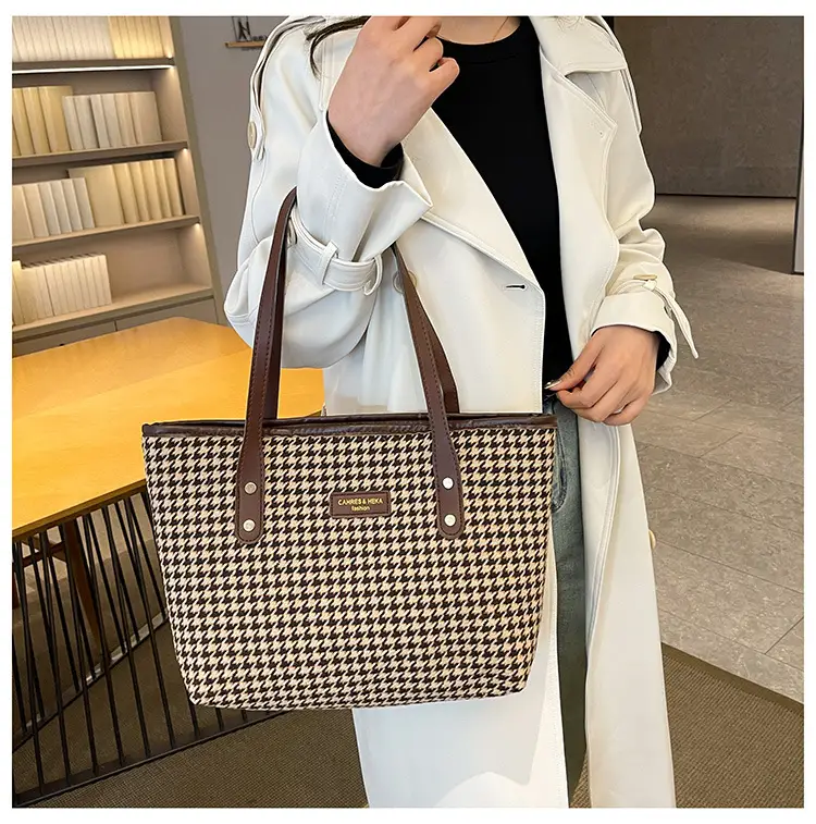 Women Houndstooth Canvas Tote Bag Large Capacity White — feature 20