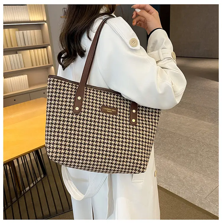 Women Houndstooth Canvas Tote Bag Large Capacity White — feature 21