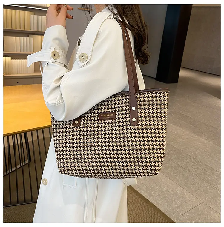 Women Houndstooth Canvas Tote Bag Large Capacity White — feature 22