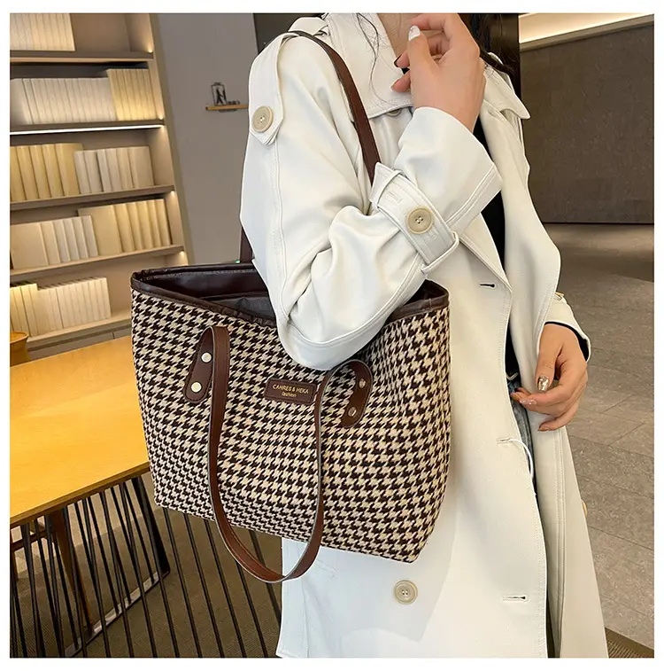 Women Houndstooth Canvas Tote Bag Large Capacity White — feature 23
