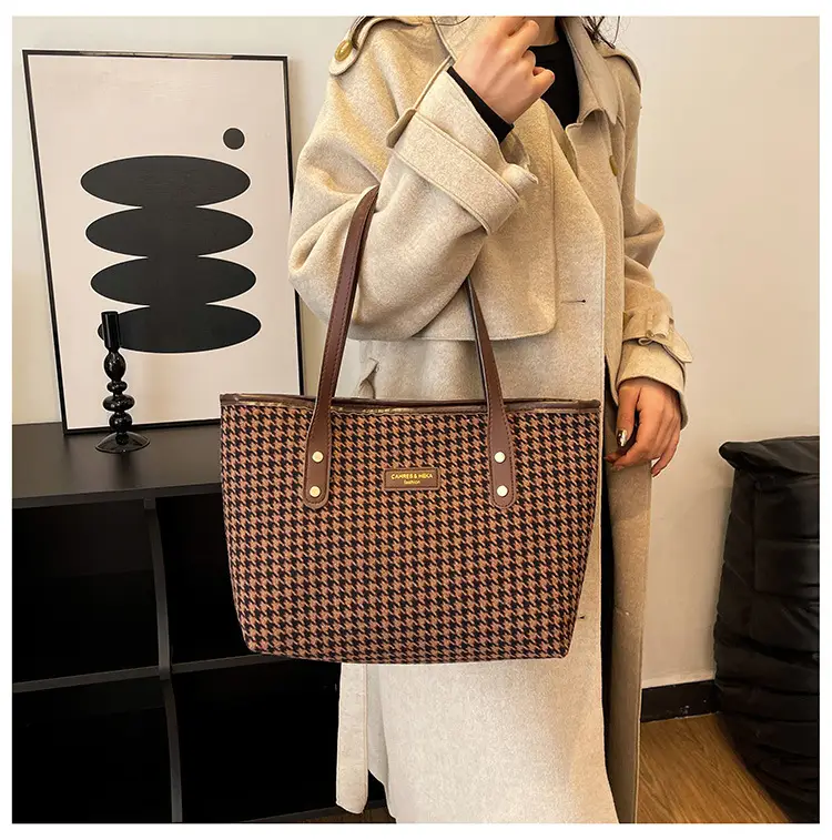 Women Houndstooth Canvas Tote Bag Large Capacity White — feature 24
