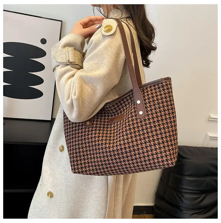 Women Houndstooth Canvas Tote Bag Large Capacity White — feature 25
