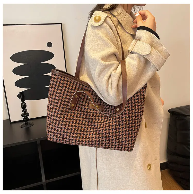 Women Houndstooth Canvas Tote Bag Large Capacity White — feature 26