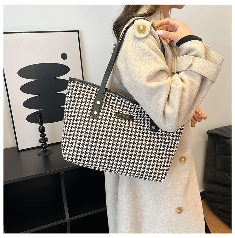 Women Houndstooth Canvas Tote Bag Large Capacity White — feature 28