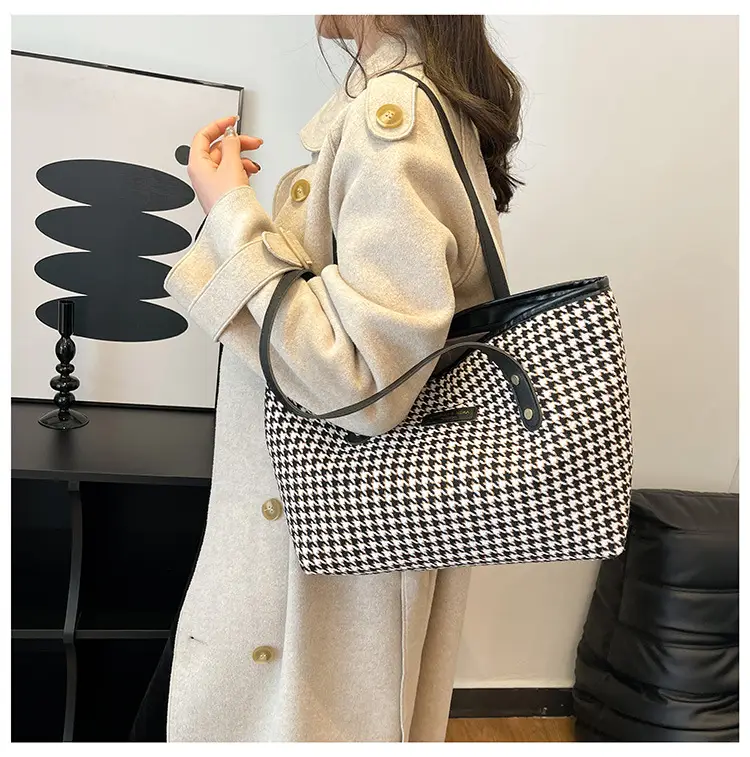 Women Houndstooth Canvas Tote Bag Large Capacity White — feature 29