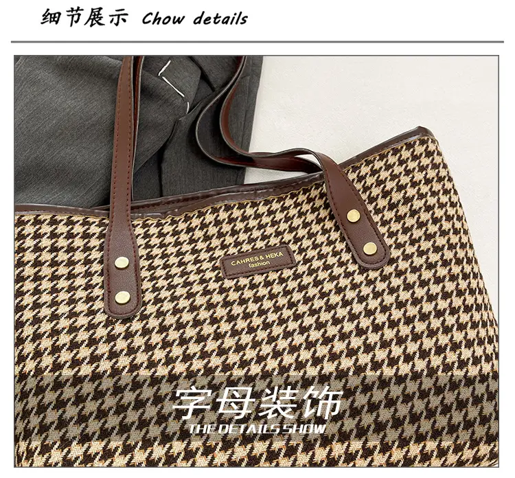Women Houndstooth Canvas Tote Bag Large Capacity White — feature 5
