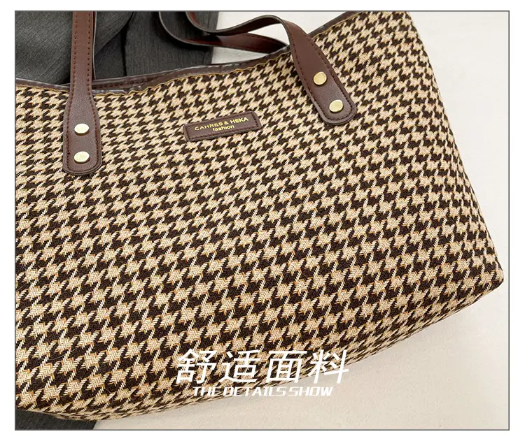 Women Houndstooth Canvas Tote Bag Large Capacity White — feature 7