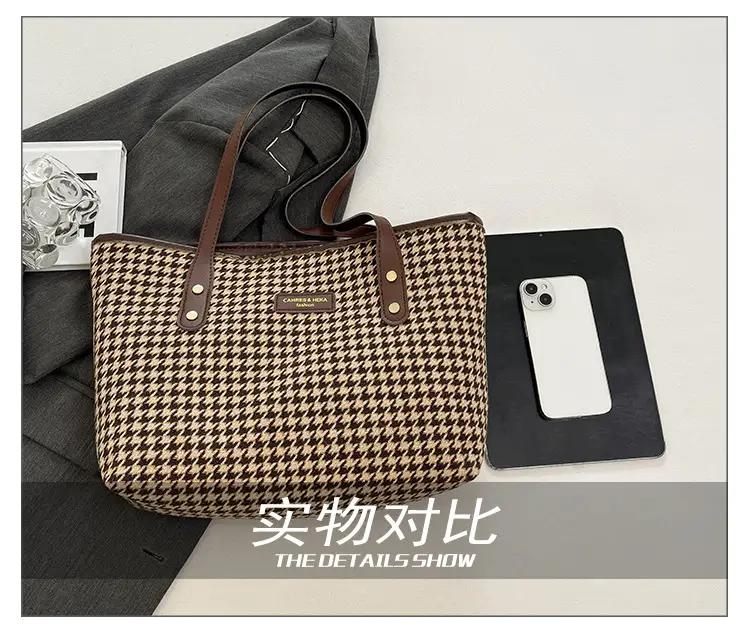 Women Houndstooth Canvas Tote Bag Large Capacity White — feature 9