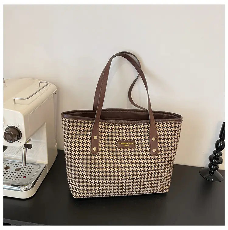 Women Houndstooth Canvas Tote Bag Large Capacity White - Image 2
