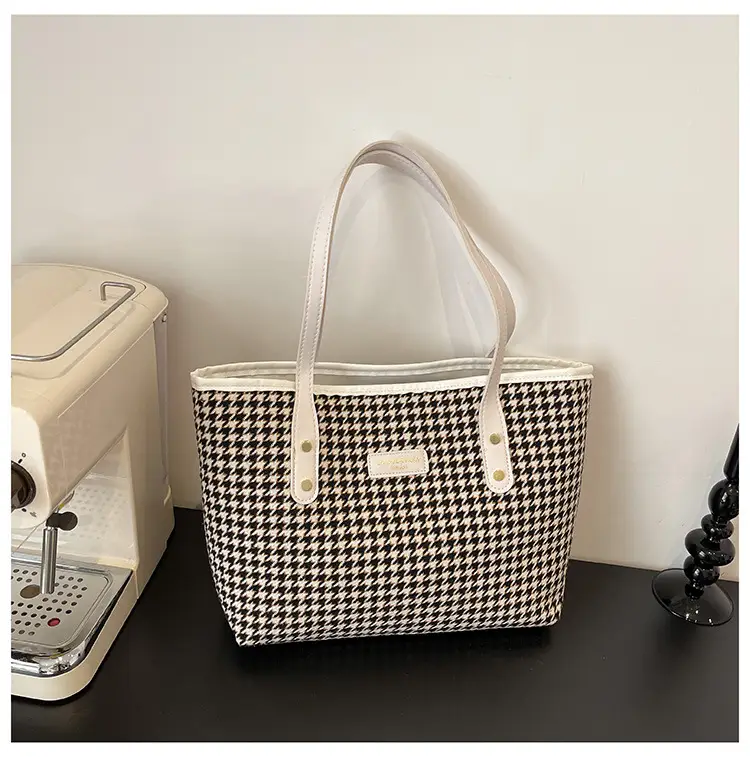 Women Houndstooth Canvas Tote Bag Large Capacity White - Image 3
