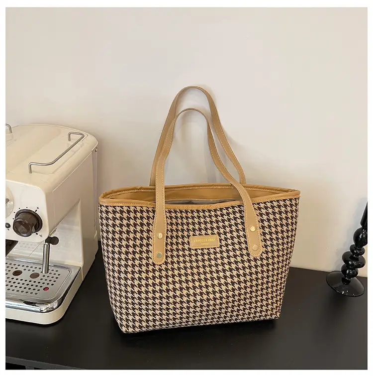 Women Houndstooth Canvas Tote Bag Large Capacity White - Image 4