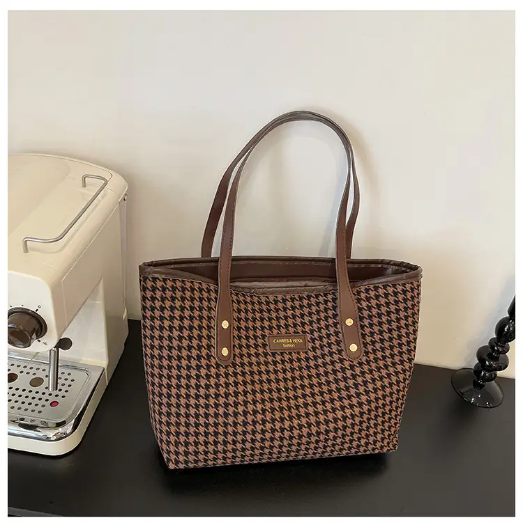 Women Houndstooth Canvas Tote Bag Large Capacity White - Image 5