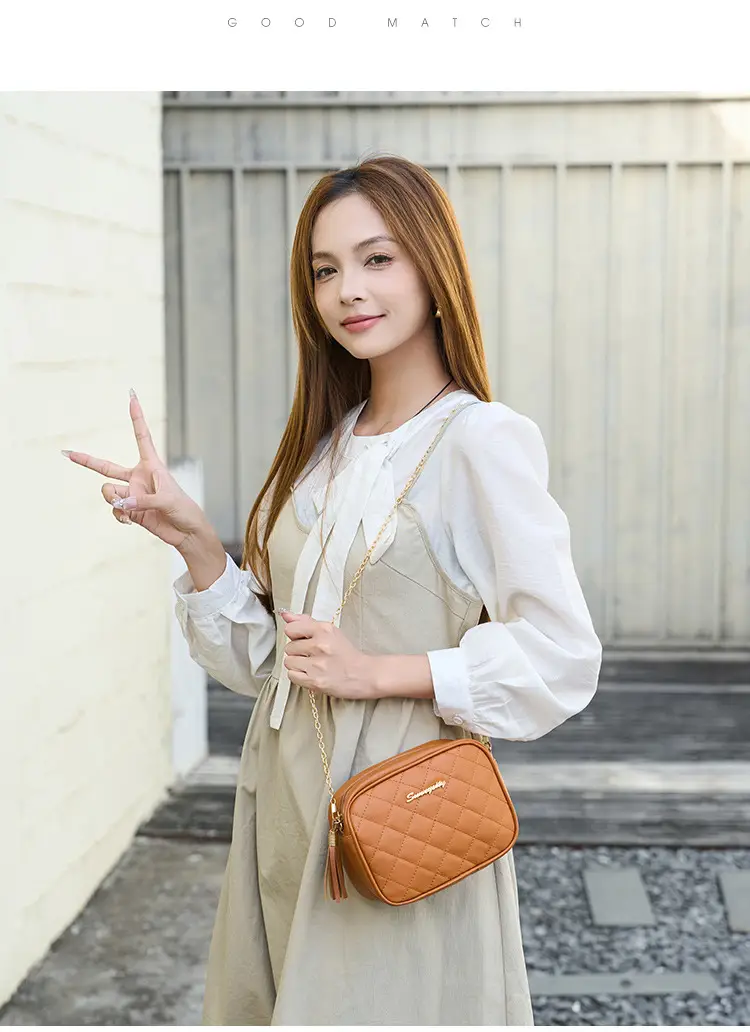 Korean Quilted Embroidered Women's Shoulder Bag Brown — feature 12