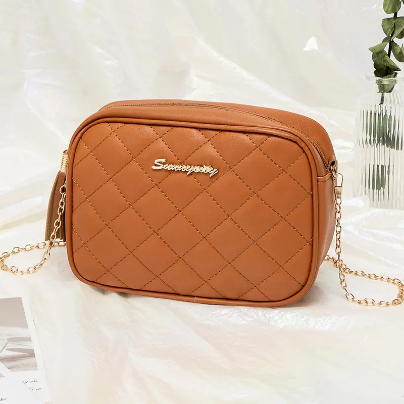 Korean Quilted Embroidered Women's Shoulder Bag Brown - Image 5