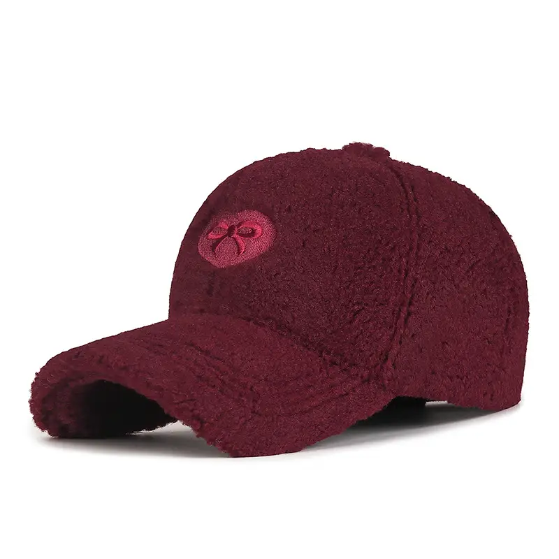 Winter Women's Embroidered Lamb Wool Cap Maroon - Image 3