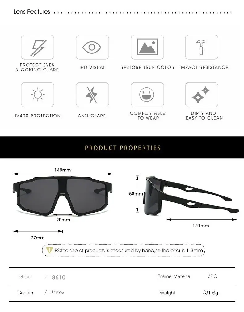 Men Anti-UV Cycling Sunglasses Retro Large Frame Windproof — feature 8