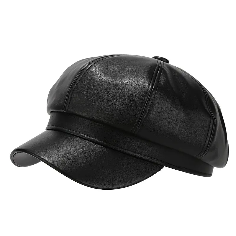 Women's Beige PU Leather Retro Hat Big Head Circumference Small Octagonal - Image 14