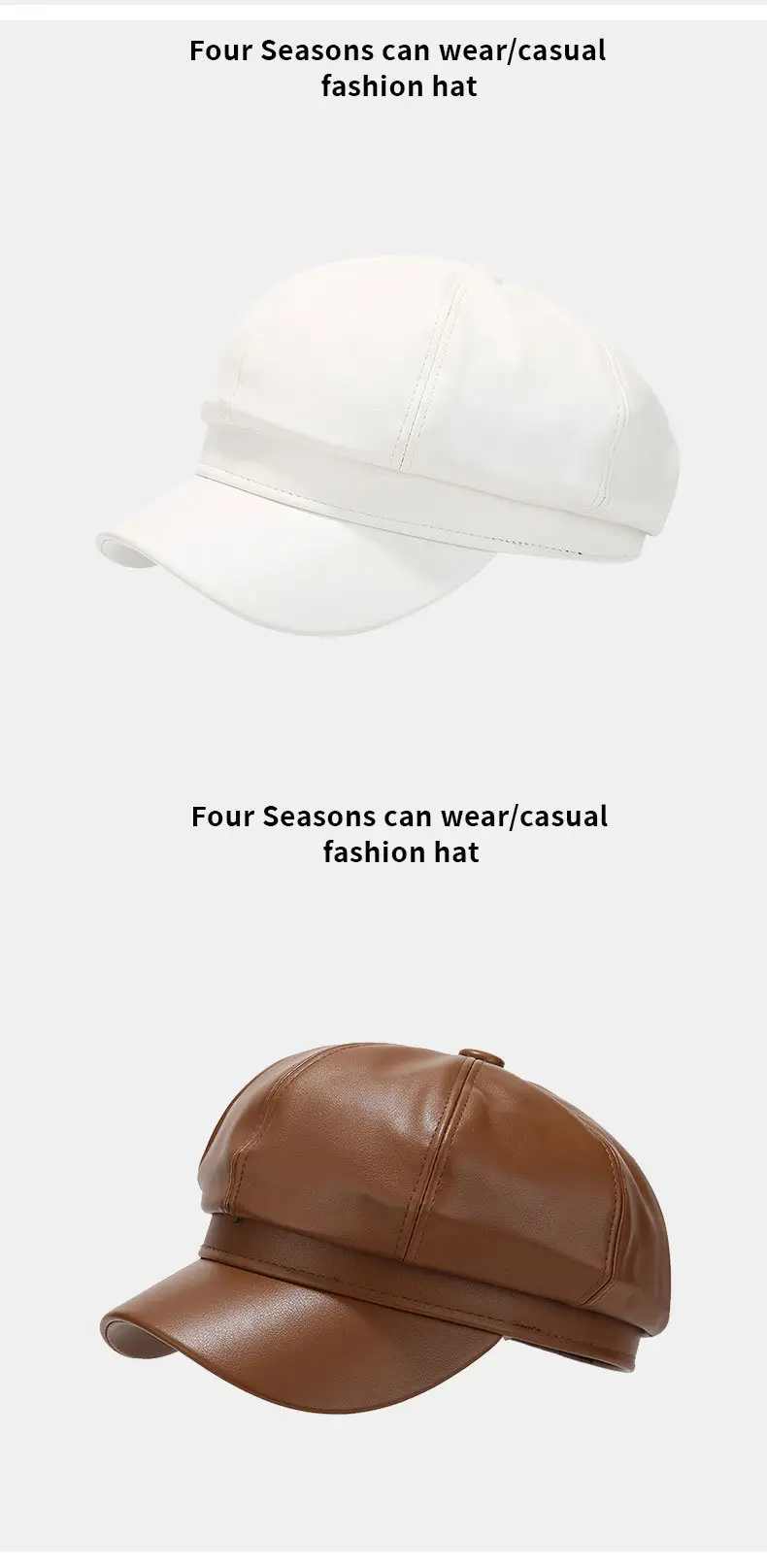 Women's Beige PU Leather Retro Hat Big Head Circumference Small Octagonal — feature 10