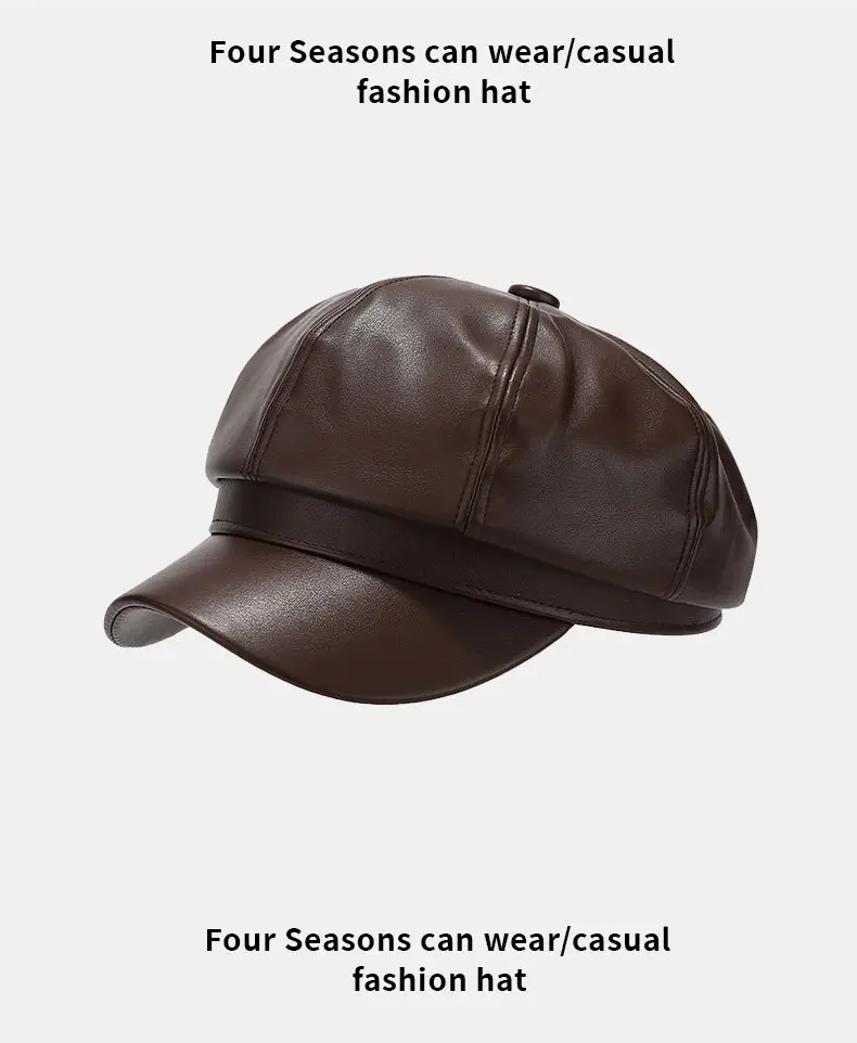 Women's Beige PU Leather Retro Hat Big Head Circumference Small Octagonal — feature 11