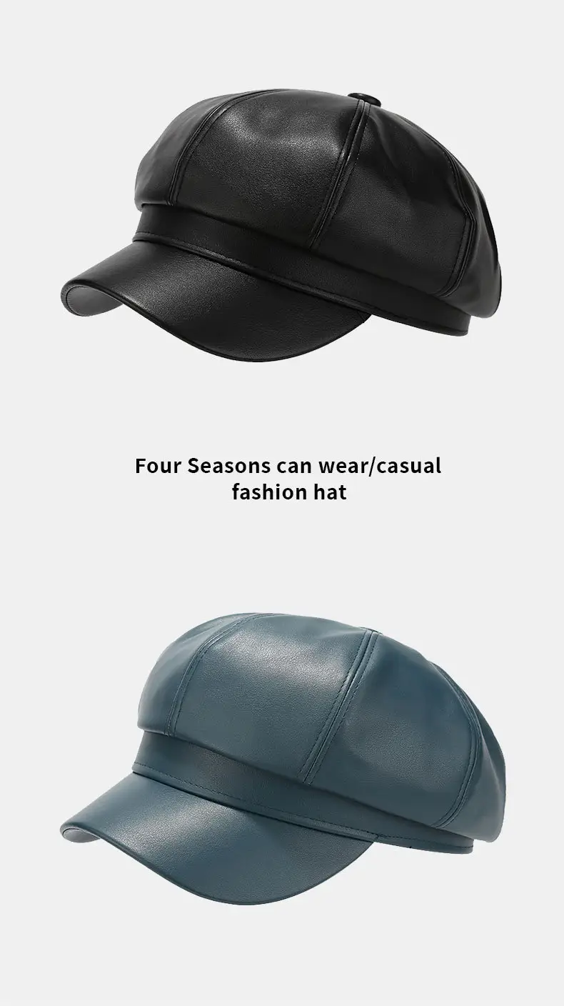 Women's Beige PU Leather Retro Hat Big Head Circumference Small Octagonal — feature 12