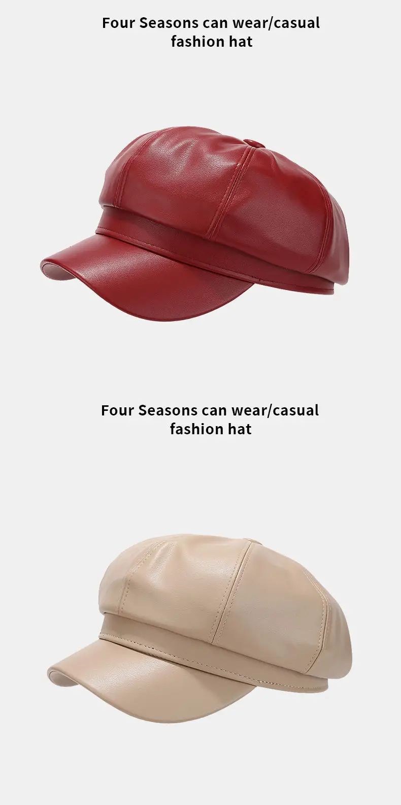 Women's Beige PU Leather Retro Hat Big Head Circumference Small Octagonal — feature 9