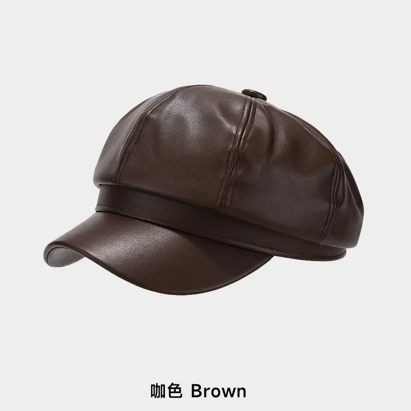 Women's Beige PU Leather Retro Hat Big Head Circumference Small Octagonal - Image 2