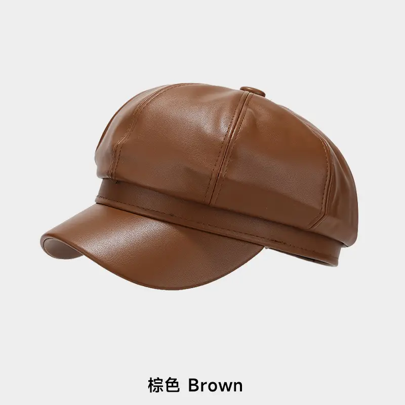 Women's Beige PU Leather Retro Hat Big Head Circumference Small Octagonal - Image 3