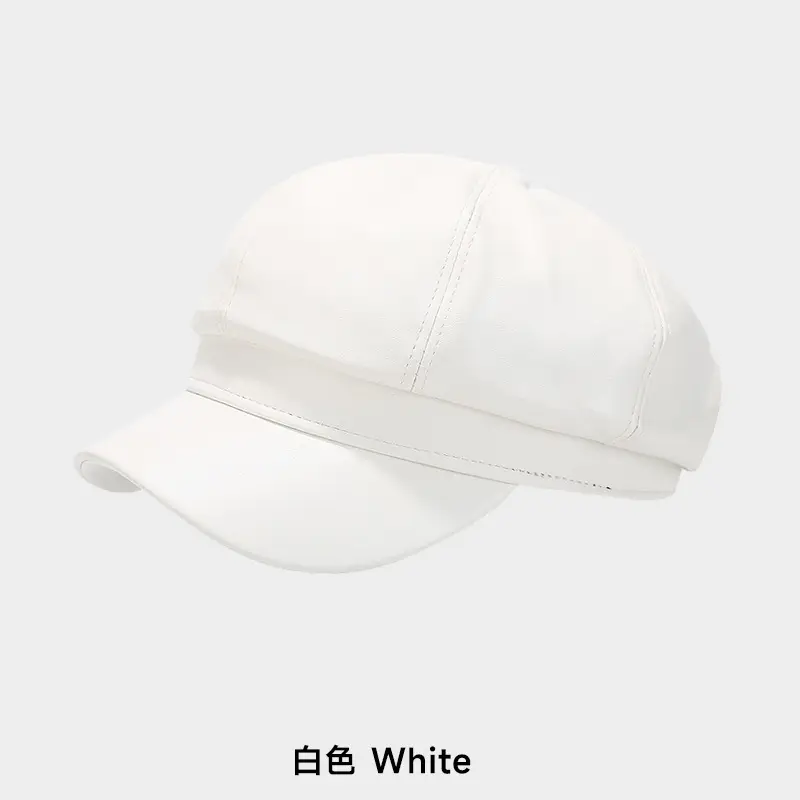 Women's Beige PU Leather Retro Hat Big Head Circumference Small Octagonal - Image 4