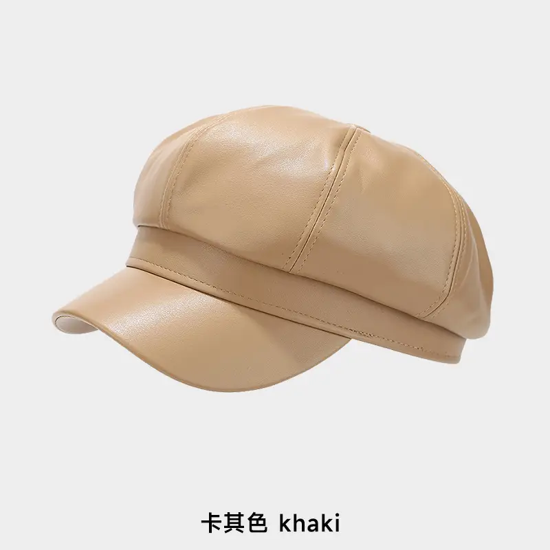 Women's Beige PU Leather Retro Hat Big Head Circumference Small Octagonal - Image 5