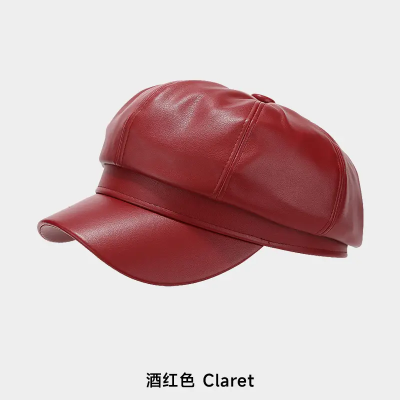 Women's Beige PU Leather Retro Hat Big Head Circumference Small Octagonal - Image 6
