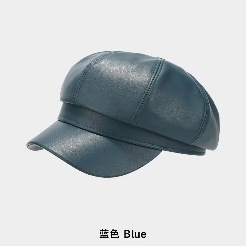 Women's Beige PU Leather Retro Hat Big Head Circumference Small Octagonal - Image 7