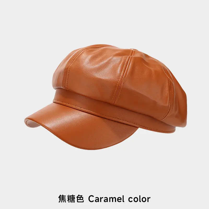 Women's Beige PU Leather Retro Hat Big Head Circumference Small Octagonal - Image 8