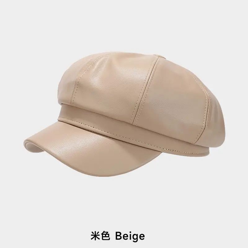 Women's Beige PU Leather Retro Hat Big Head Circumference Small Octagonal - Image 9
