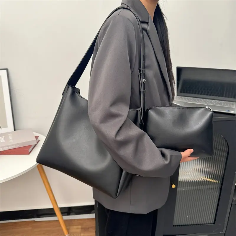Black Leather Crossbody & Zipper Bag Set for Women - Image 10
