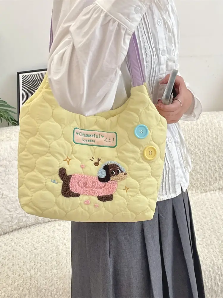Cartoon Macaron Shoulder Bag Yellow Quilted Large Capacity - Image 8