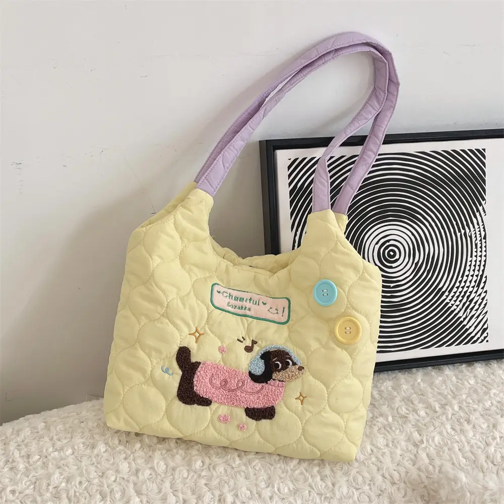 Cartoon Macaron Shoulder Bag Yellow Quilted Large Capacity - Image 3