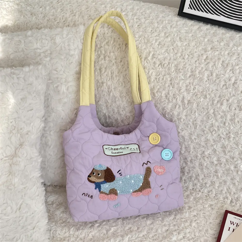 Cartoon Macaron Shoulder Bag Yellow Quilted Large Capacity - Image 4
