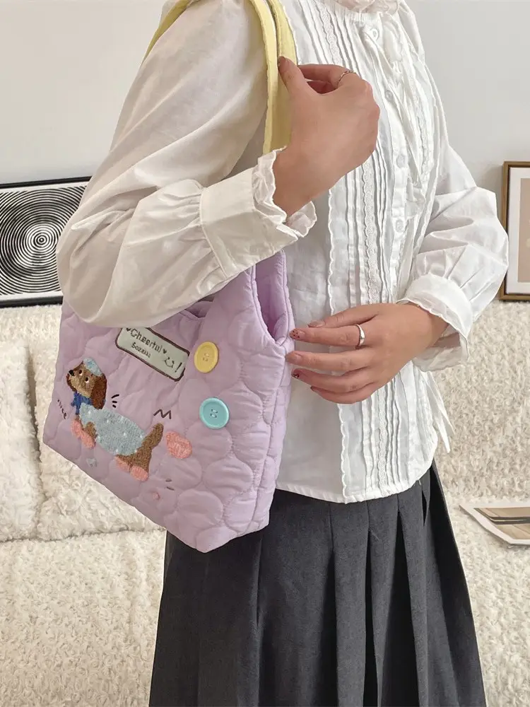 Cute Embroidered Puppy Shoulder Bag Pink Large Capacity - Image 6